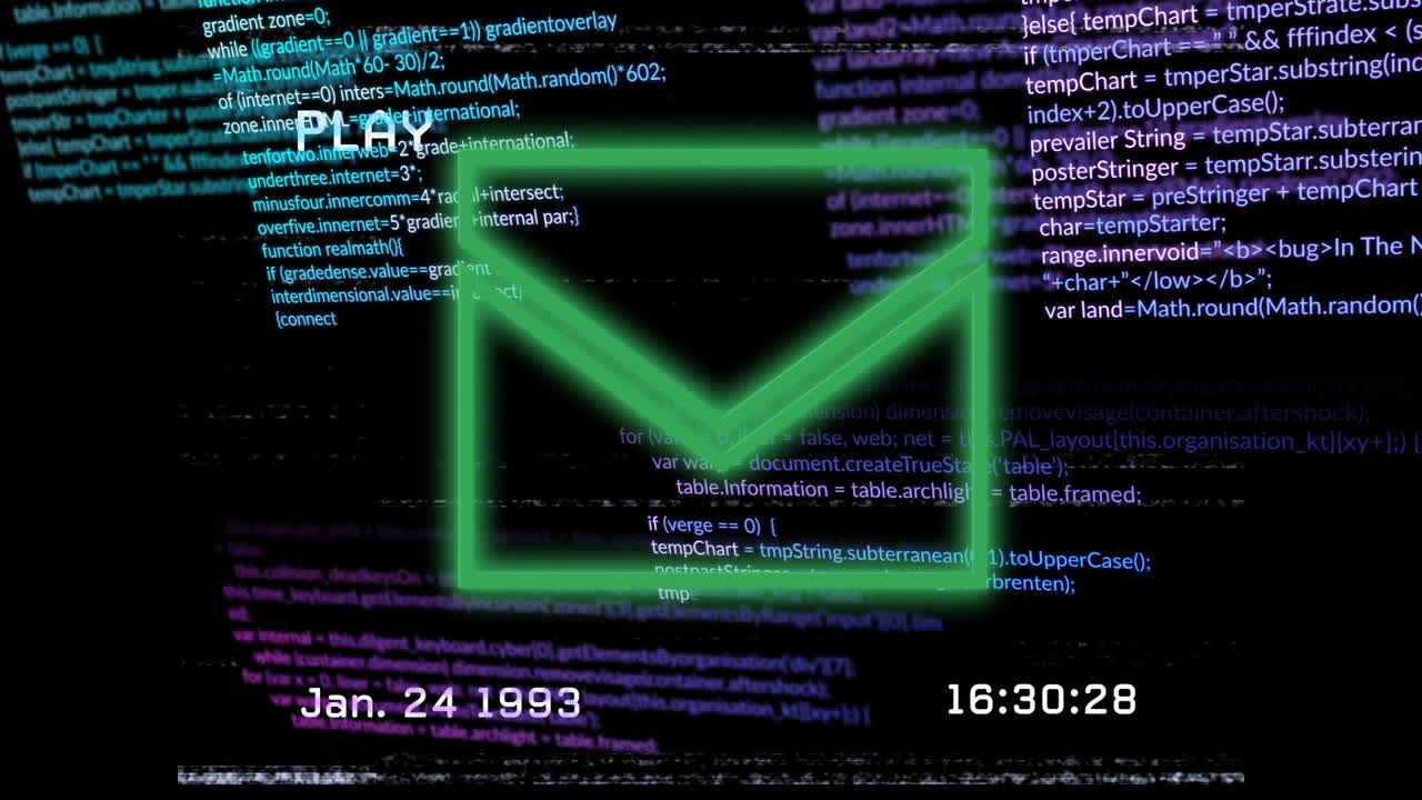 Animation of glowing envelope icon over colorful code in school setting
