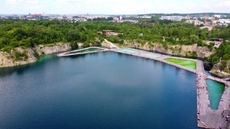 Pools-In-Lake-Zakrzowek-In-Krakow,-Poland---Aerial-Drone-Shot