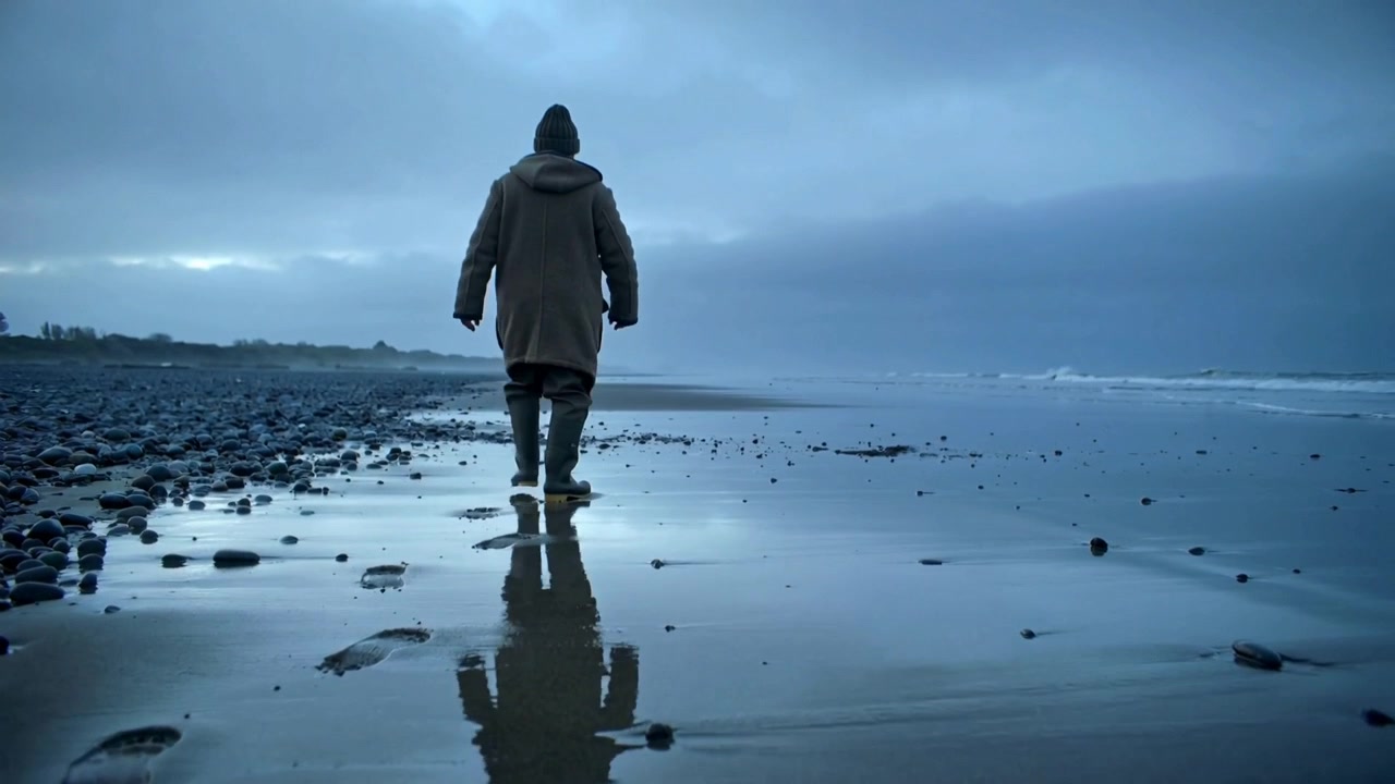 Uomo che cammina con cappotto lungo, stivali alti, berretto e guanti mentre la marea si ritira sulla spiaggia, lasciando impronte
