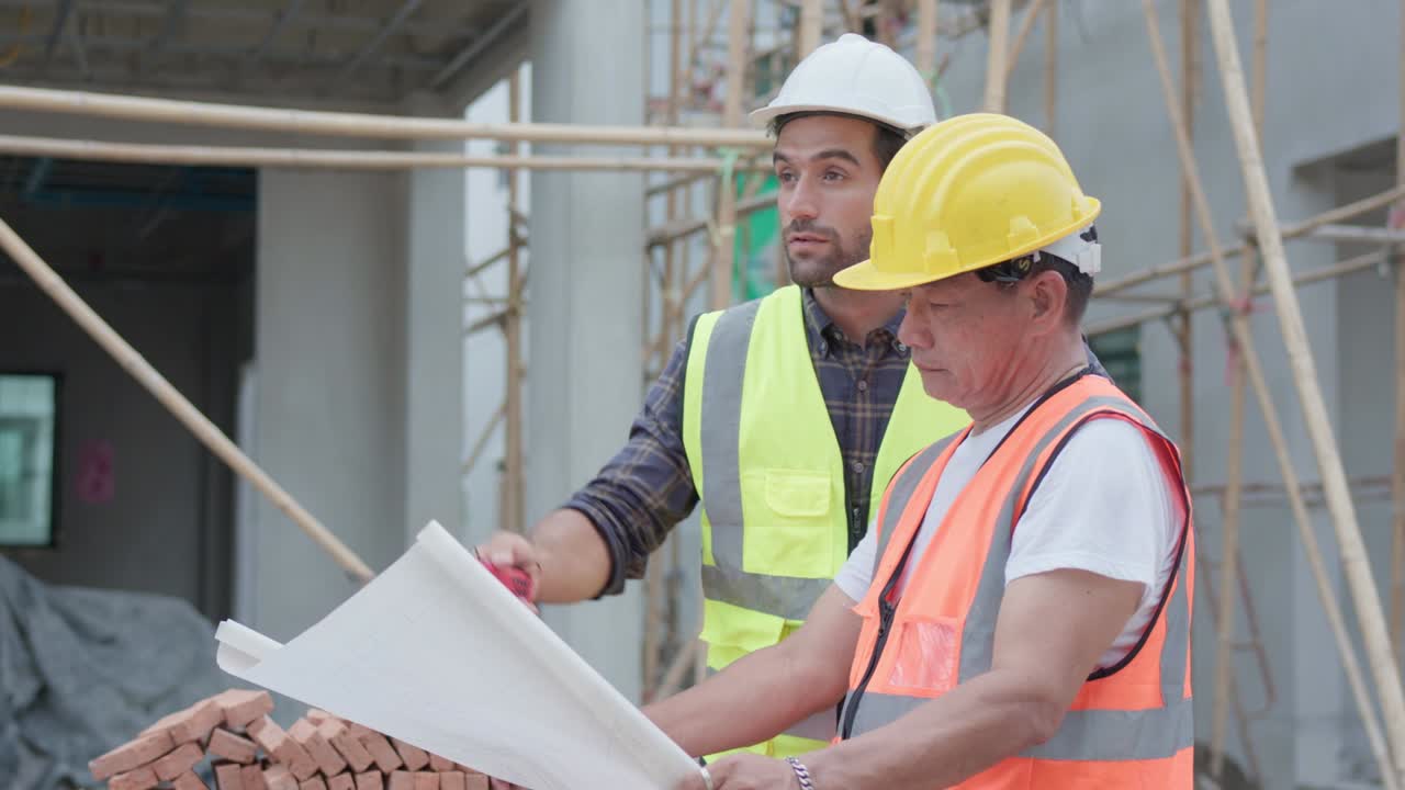 ingeniero civil o arquitecto masculino profesional, inspector con contratista, capataz o trabajador. mientras mira el plan de diseño, inspecciona, discute el proyecto de construcción de la reunión y señala el sitio de construcción.