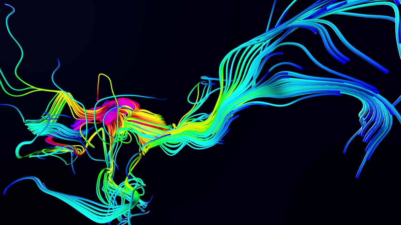 Creative colorful 3d motion design bg. 4k abstract bg with grow multicolor lines like glossy ribbons forming curl noise. Luma matte as alpha channel. Curved lines, tinsel.Subsurface glow material.