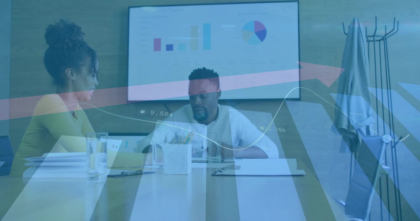 Team reviewing business data, woman glancing laptop screen activating animated bar chart arrows
