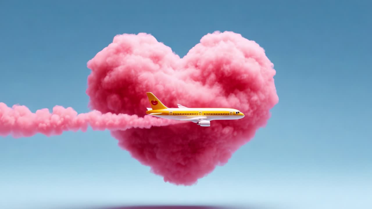 A vibrant airplane gracefully glides through a fluffy pink cloud shaped like a heart, showcasing a dreamy blend of travel and romantic sentiments in an imaginative sky scene