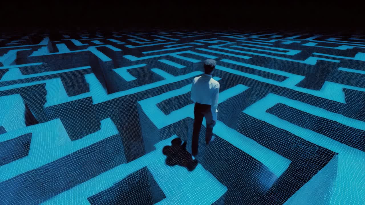 A solitary figure navigates a mesmerizing blue maze, contemplating the depths of decision-making, choices, and pathways in a digital landscape that reflects the complexity of modern thought and exploration