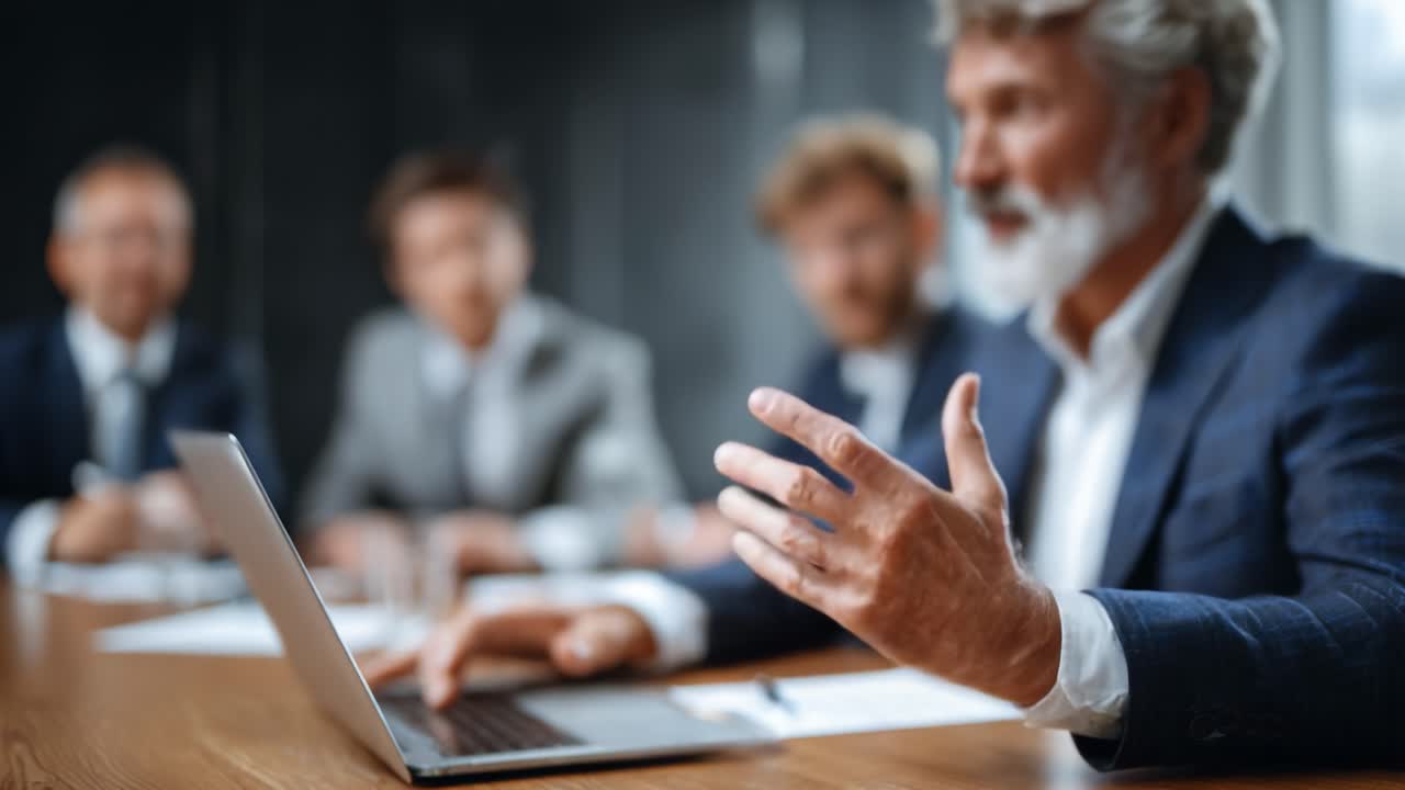 A Group of Business Professionals Engaged in Discussion During a Meeting, Highlighting Important Points with Emphasis and Visual Presentation via Laptop