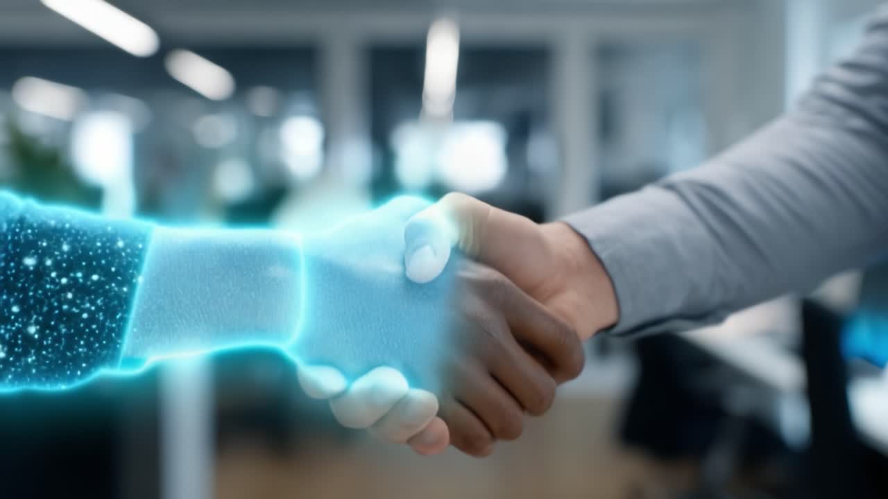 A Powerful Digital Transformation: Two Hands Shaking in Unity, Symbolizing Collaboration, Trust, and Innovation in a High-Tech Workspace Environment