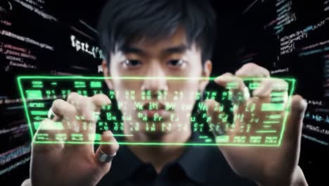 a futuristic programmer interacting with a holographic keyboard display, showcasing advanced technology and digital interaction in modern computing environments
