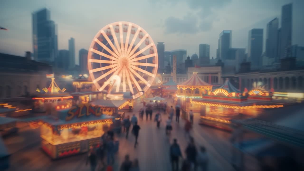 Opening showing lit Ferris wheel rotating at dusk while visitors flowing along plaza amusing crowd