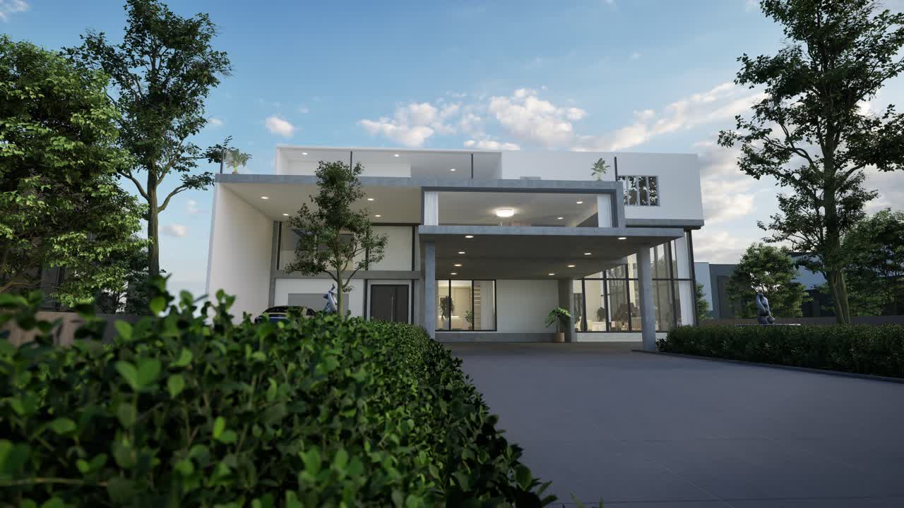 Exterior de casa de lujo moderno con entrada para vehículos