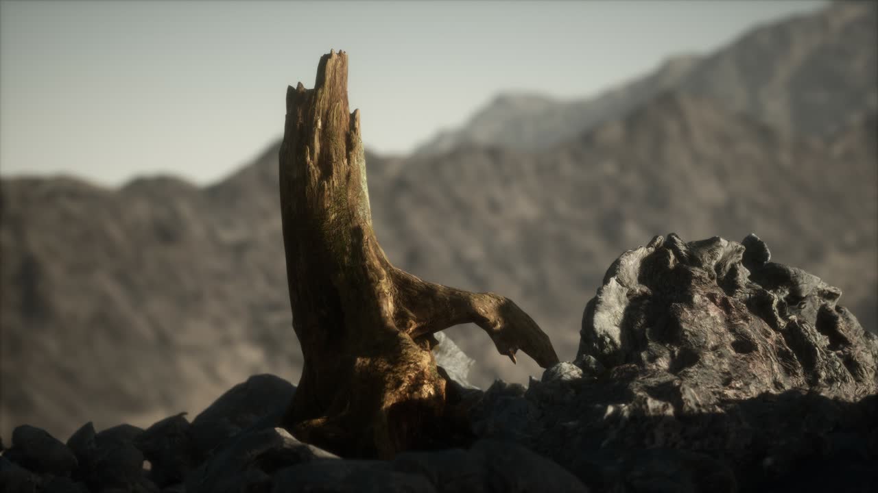 Dead pine tree at granite rock at sunset