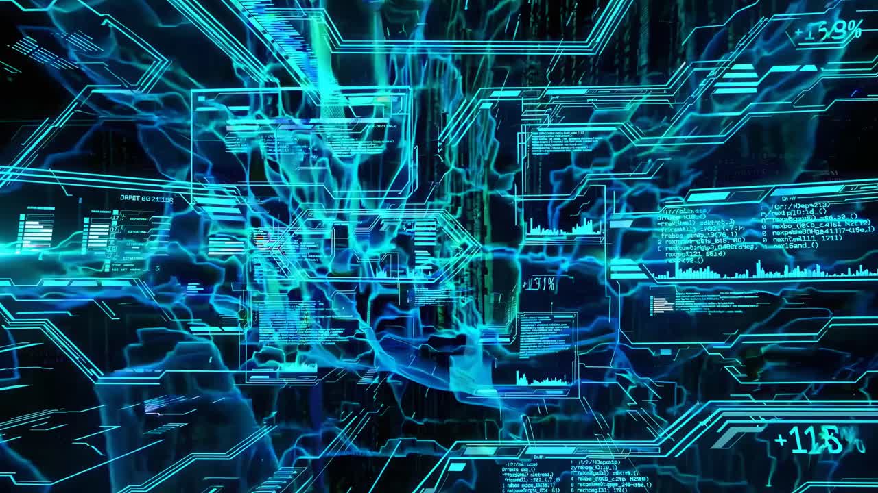 Futuristic video concept with a digital matrix style. High-angle view of neon blue data streams