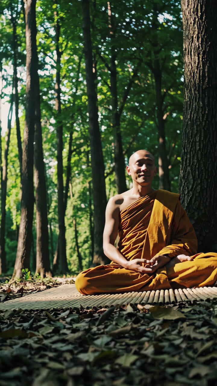 Buddhist Monk Meditating in Forest