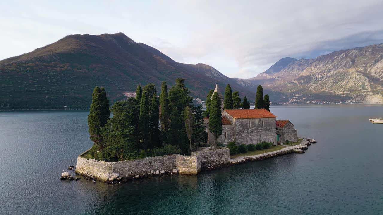 Charming Island of Saint George, Benedictine Monastery from XII Century, Aerial Pano, Montenegro, Adriatic Sea