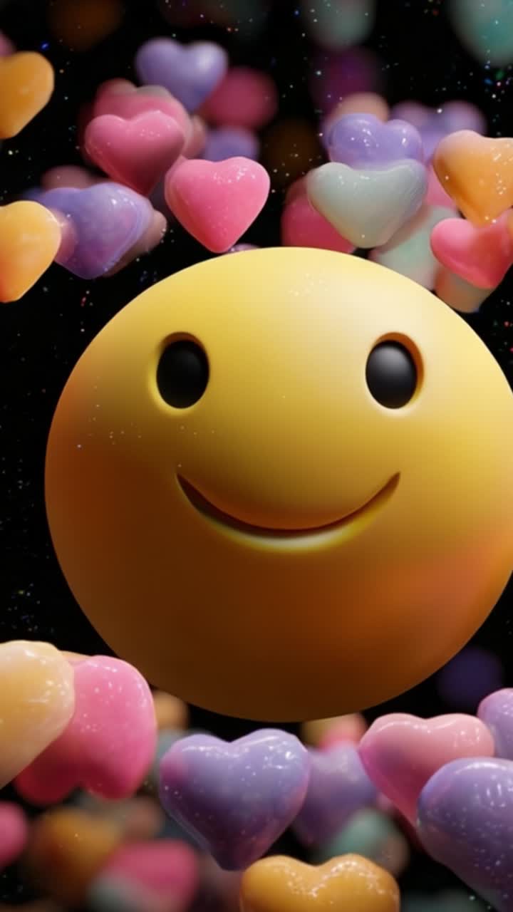 Una faccina sorridente gioiosa circondata da cuori colorati in un'atmosfera vibrante e giocosa, che trasmette sentimenti di amore, felicità e positività su uno sfondo delizioso.