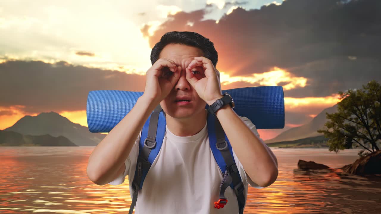 Close Up Of Asian Male Hiker With Mountaineering Backpack Making Binoculars Gesture Looking At Something Then Saying Wow At A Lake