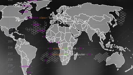 Animation-of-eco-icons-and-data-processing-over-world-map