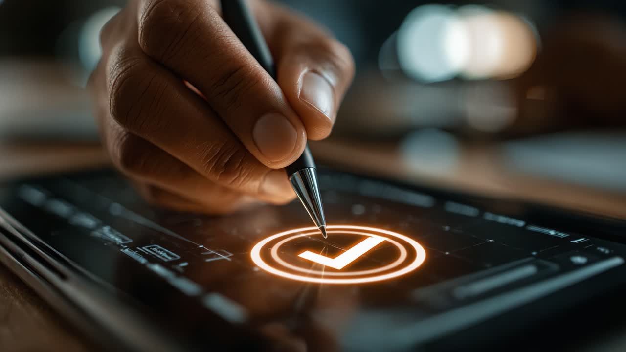 Close-Up of a Hand Using a Pen to Click a Confirmation Checkmark on a Digital Tablet Interface, Symbolizing Productivity and Verification
