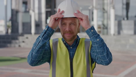 portrait young successful engineer man puts on safety helmet smiling arms crossed enjoying career in construction industry wearing reflective clothing city slow motion