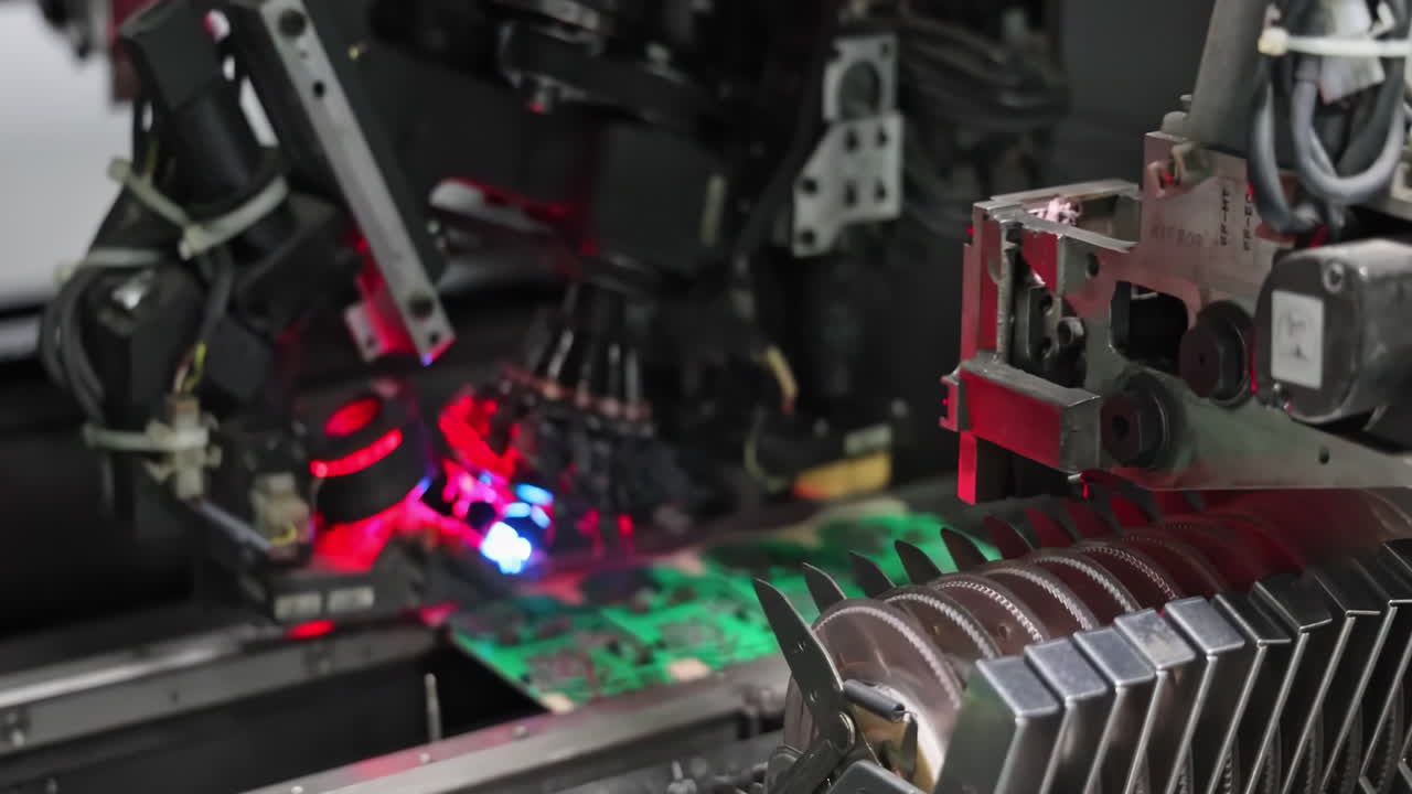Automation electronics industry robotic arm assembling electronics components on a circuit board in a high-tech manufacturing facility workshop
