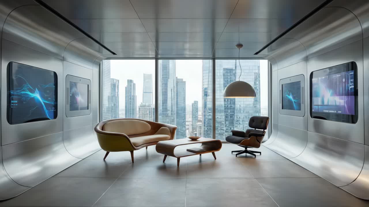 Stanza moderna e futuristica con vista panoramica sullo skyline della città