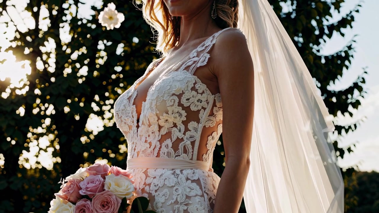 Sposa in abito da sposa di pizzo che tiene un bouquet al tramonto