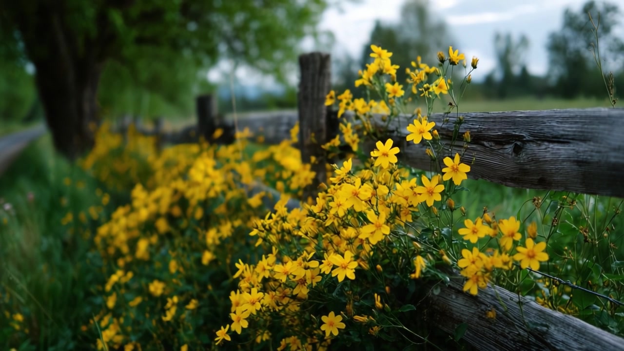 Vibrant Yellow Wildflowers Blooming Along a Rustic Wooden Fence in a Serene Natural Landscape under a Calm Sky During the Daytime in Springtime or Summer