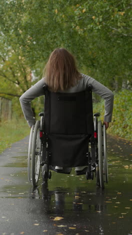 una mujer adulta en silla de ruedas camina por un camino en el parque en un día lluvioso. una mujer se mueve cerca de la vieja valla metálica del hospital. proceso de rehabilitación vista trasera