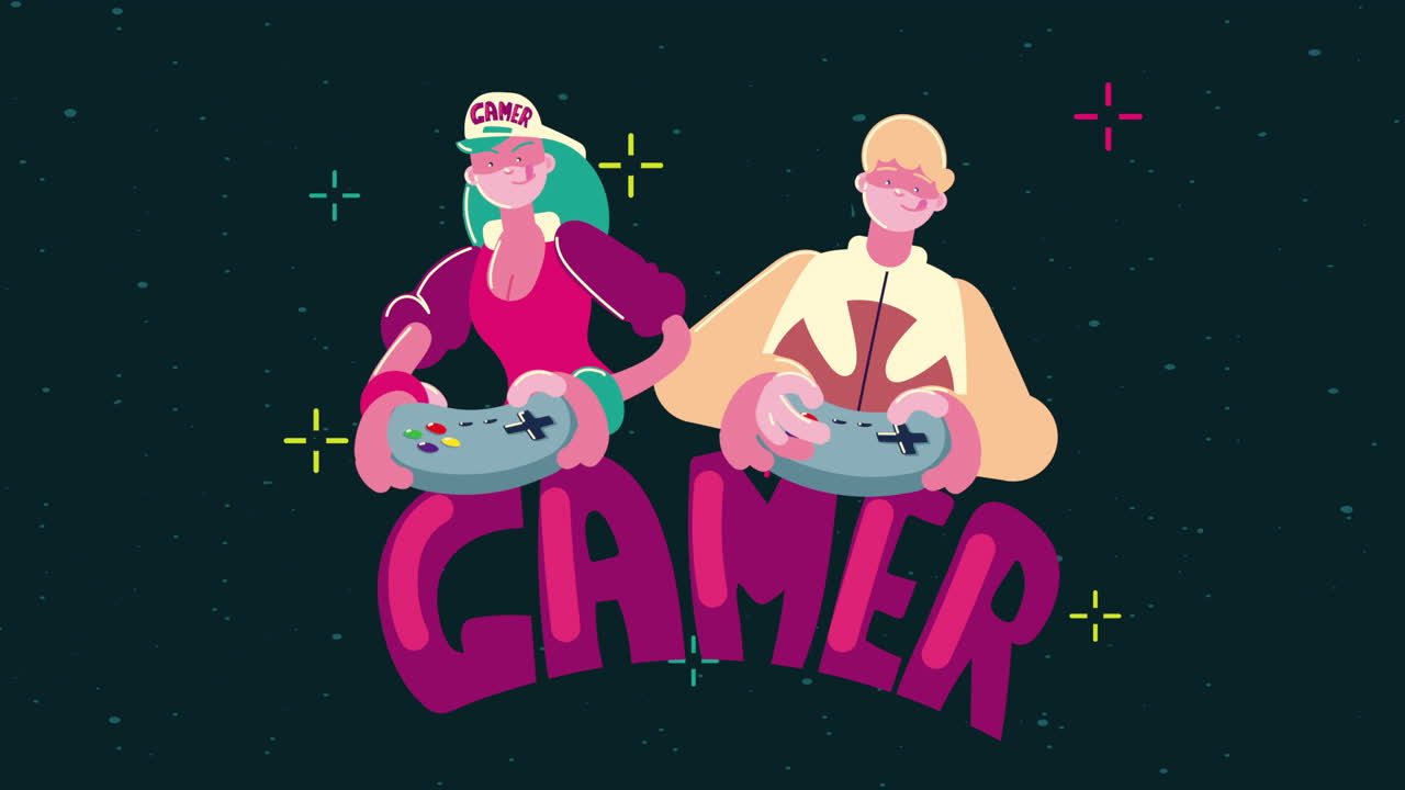 컨트롤 캐릭터를 가진 젊은 커플 게이머