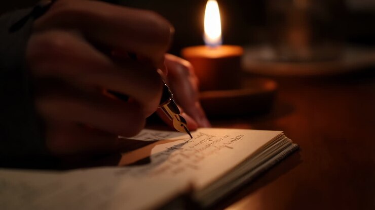 Primo piano di una mano che scrive con una penna d'oca a lume di candela