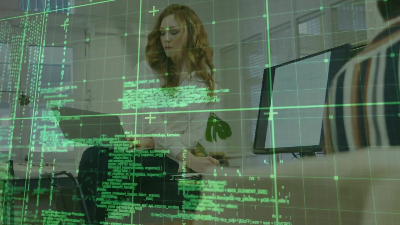 Woman opening laptop, typing and initiating digital green code overlay while analyzing documents