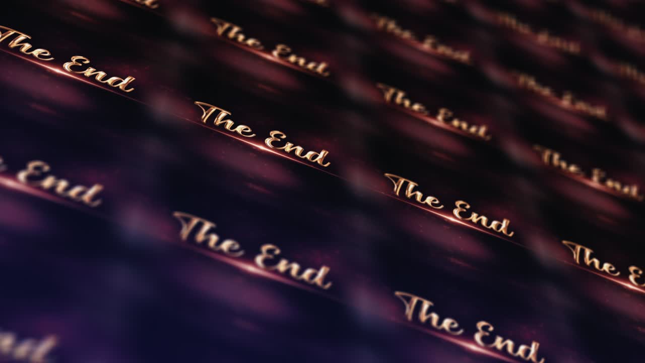 The End Final End Credit Cinematic Title Banner Background Concept. 4K 3D rendering seamless loop The End creative end credit pattern tile matrix pattern on LED light wall with DoF bokeh animation.