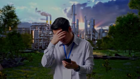 asian male professional worker standing with his smartphone in front of oil refinery, he is nodding his head with dissapionted