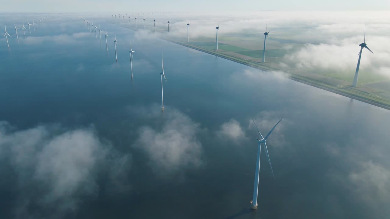 거대한 풍차 터빈, 바다에 있는 해상 풍차 농장, 웨스터메어 풍차 공원, 아름다운 밝은 날에 바다에서 고립된 풍차, 네덜란드, 플레볼랜드, 노르도오스트폴더