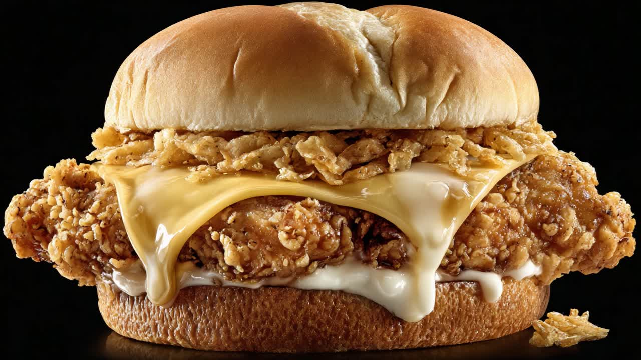 Deliciously Crafted Fried Chicken Sandwich with Melted Cheese and Crunchy Toppings, Perfectly Layered for an Irresistible Flavor Experience
