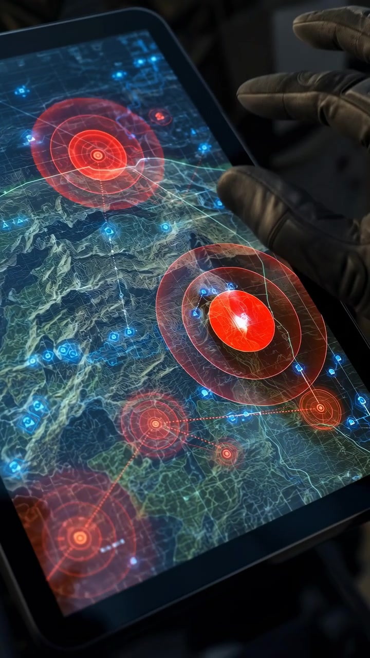 Una vista ravvicinata mostra dita guantate che si muovono su una mappa del terreno touchscreen mentre cerchi bersaglio rossi si espandono e si illuminano tra marcatori blu, con un ambiente fioco e un vivido bagliore dell'interfaccia