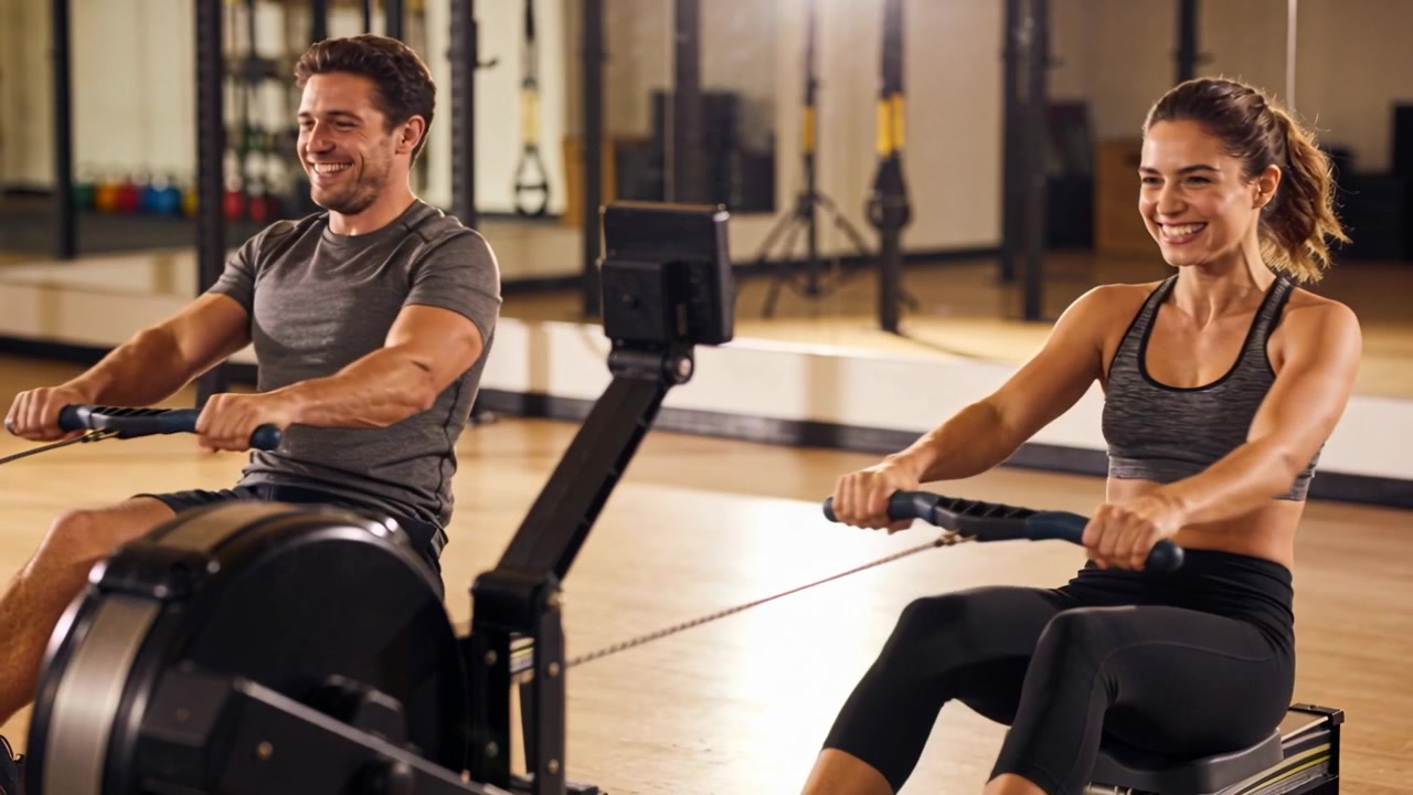 Rowing pair in sportswear starting catch on rowing machines in fitness studio training with monitor