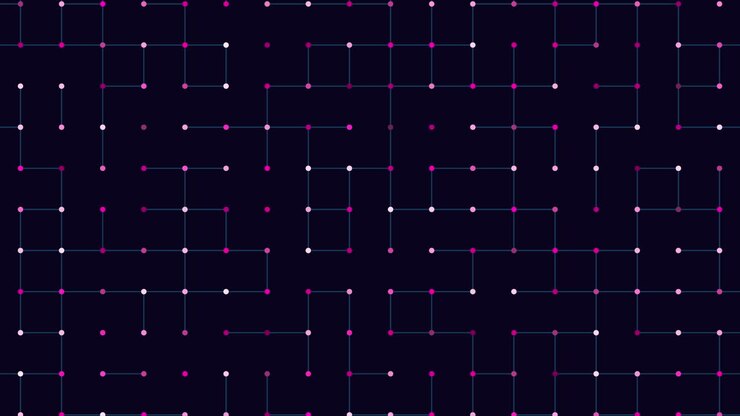 Grid of interconnected white and blue dots on black background