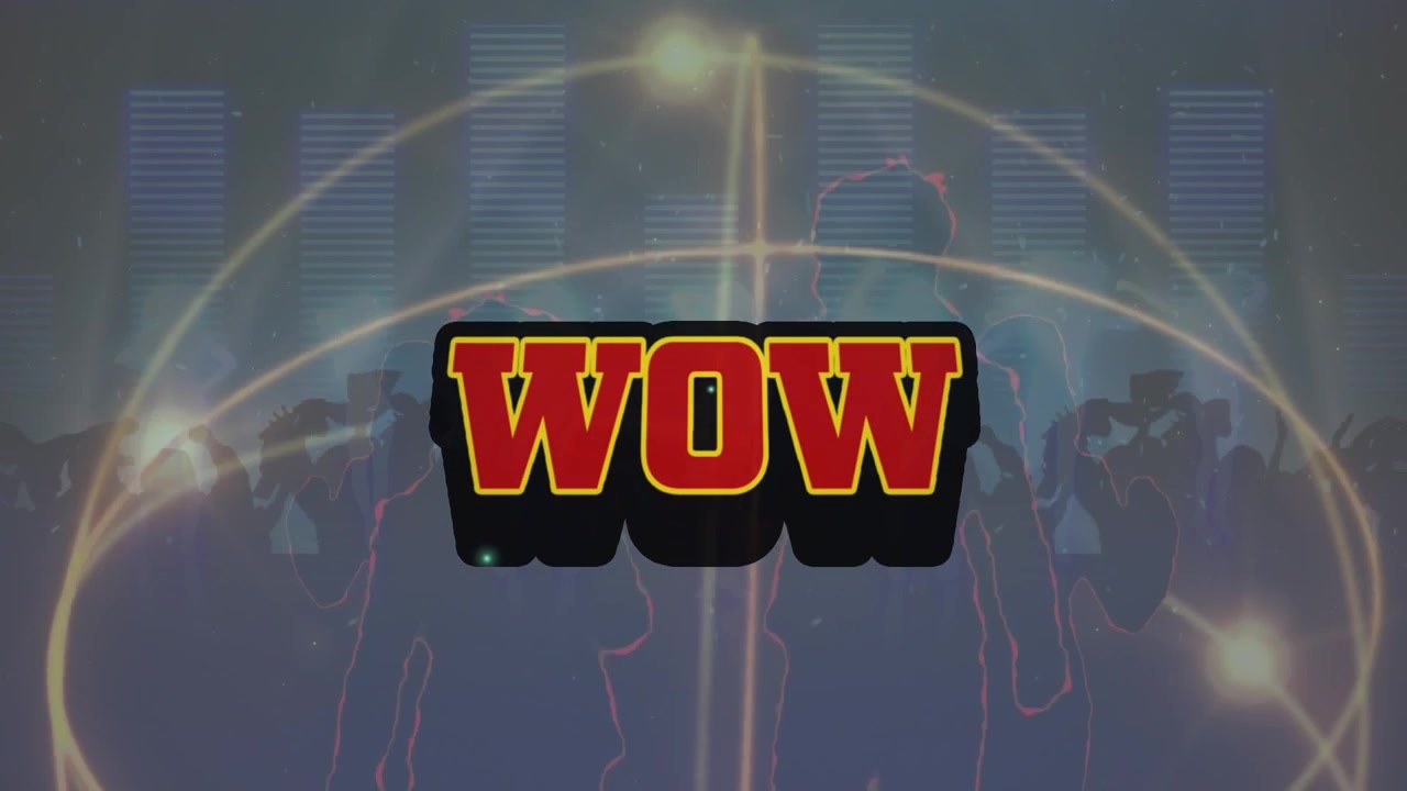 Animazione del testo "wow" e persone che ballano su sfondo nero.