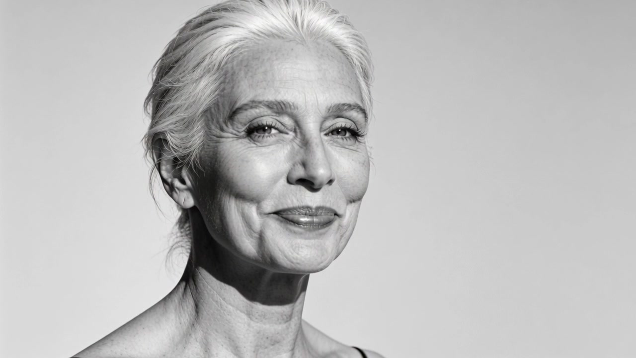 Smiling senior woman shifting to gentle smile after cue in studio, thin-strap top, copy space