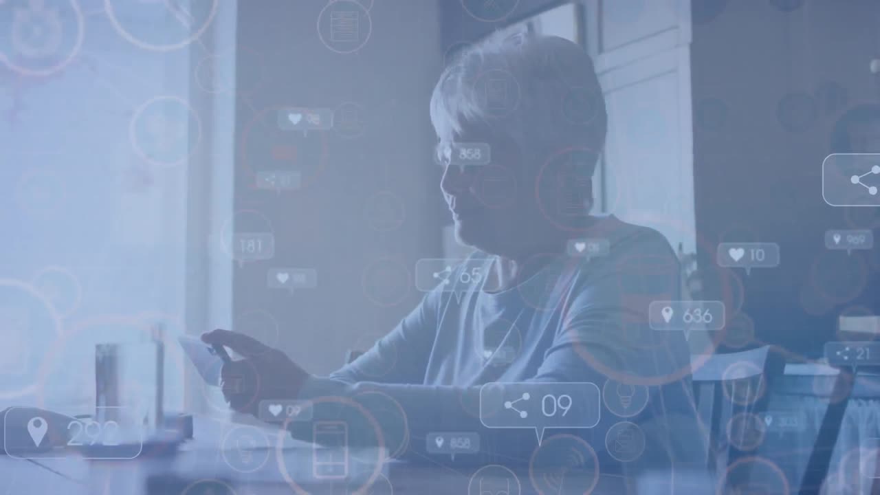 Animation of social media icons over woman using smartphone