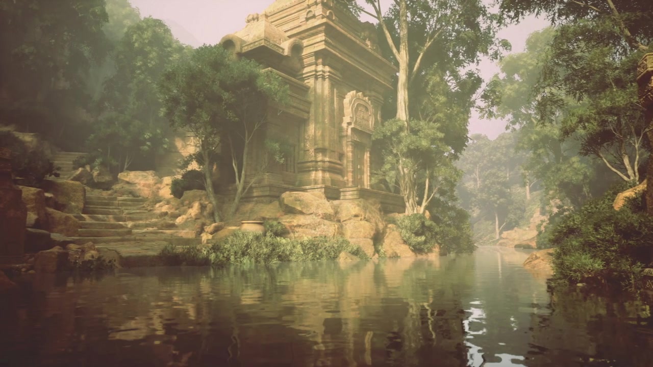 Calm riverbank adorned with classical pillars and lush greenery