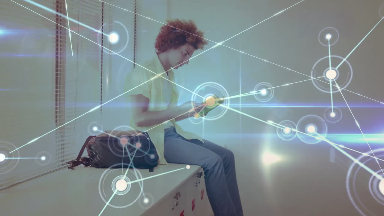 Animation of network of connections over biracial woman reading