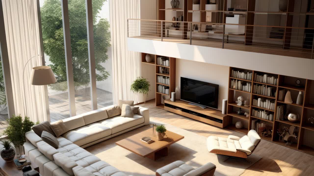 Modern living room with high-angle view, showcasing sleek furniture, large windows, and a cozy video