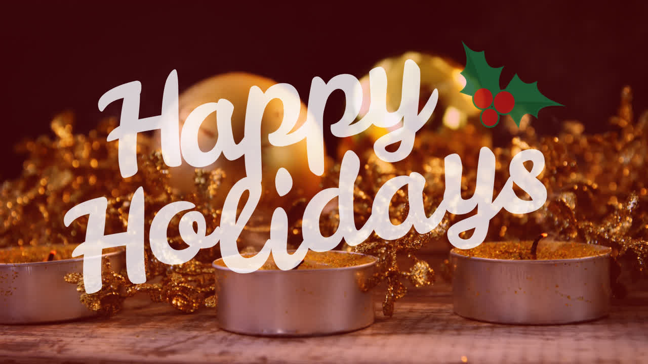 Animation of happy holidays text at christmas over candles