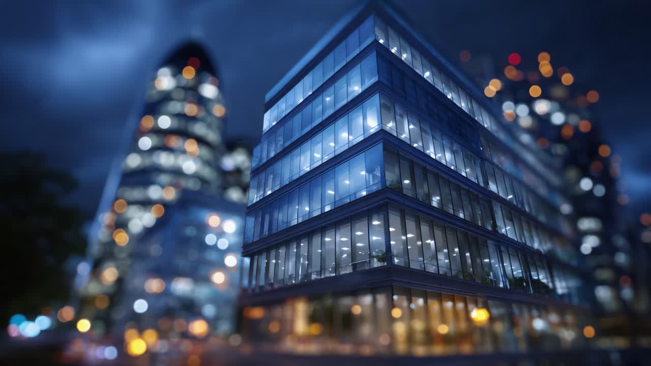 Edifício de escritórios moderno e iluminado à noite, com luzes urbanas borradas ao fundo, exibindo um design arquitetônico contemporâneo e atmosfera urbana