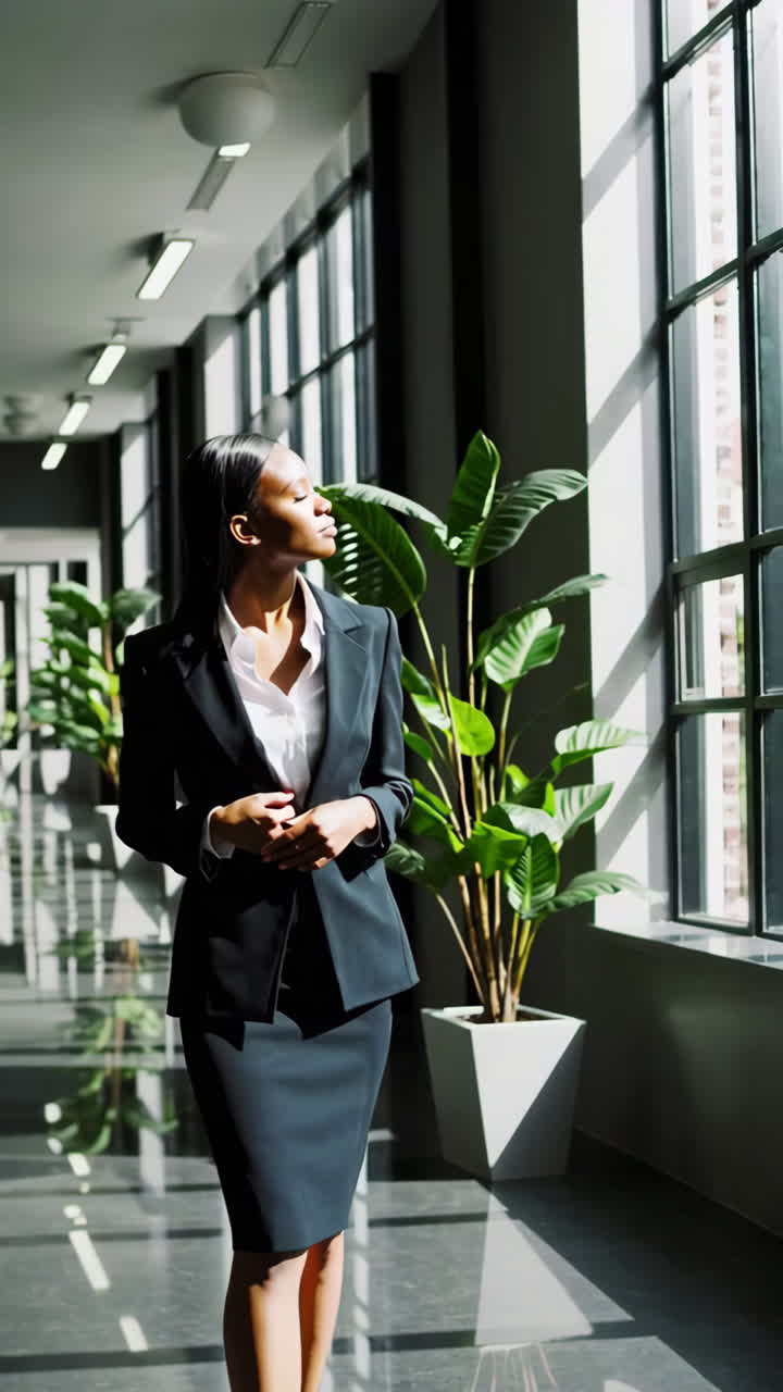 Professional Businesswoman in Modern Office Hallway