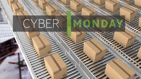 Animation-of-cyber-monday-text-over-cardboard-boxes-on-conveyor-belts-in-warehouse