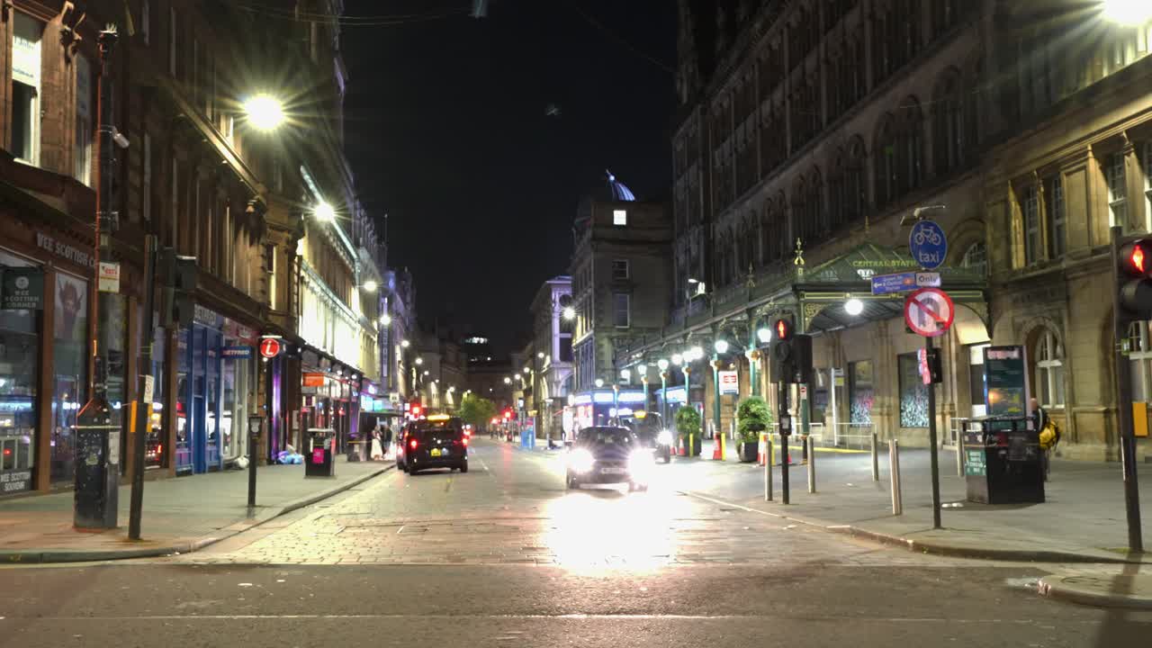 City train station landmark, vehicle transport, urban shops, timelapse