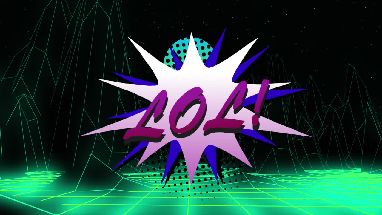 검은색 배경에 디지털 산 위에 lol 텍스트의 애니메이션