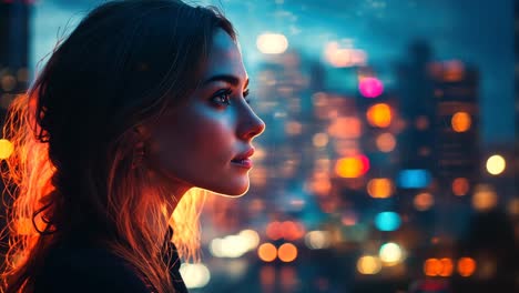 profile of a woman illuminated by a city skyline at night